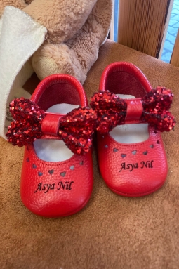 İsimli Bebek Ayakkabısı Hakiki Deri Bobby Kırmızı